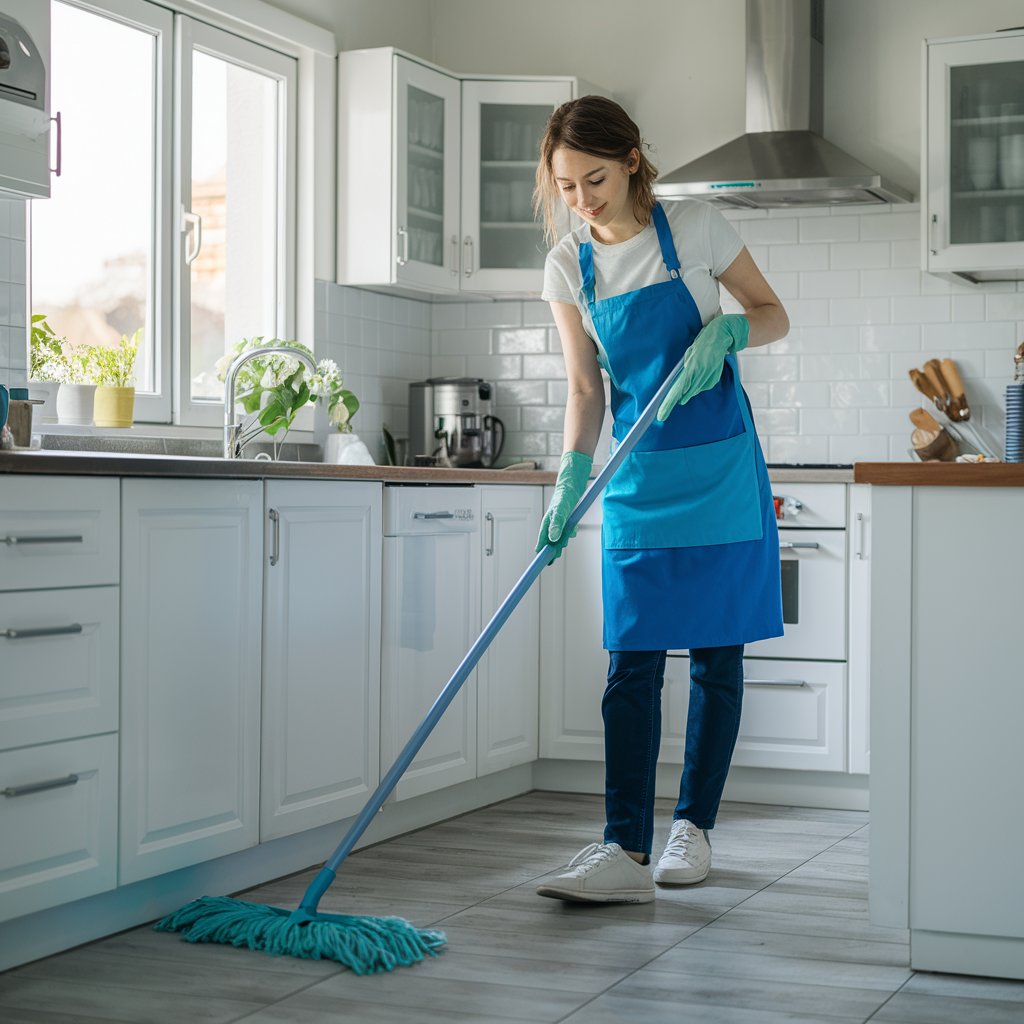 femme de ménage avec tablier passant la serpillère dans une cuisine 